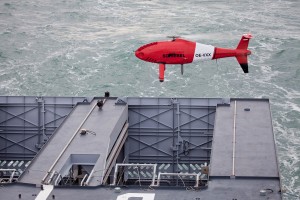 The Camcopter S-100 lifts off the rear deck of the French Navy OPV L’Adroit during initial compatibility trials earlier this month. (Schiebel photo)